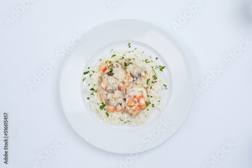 rice with meat on white