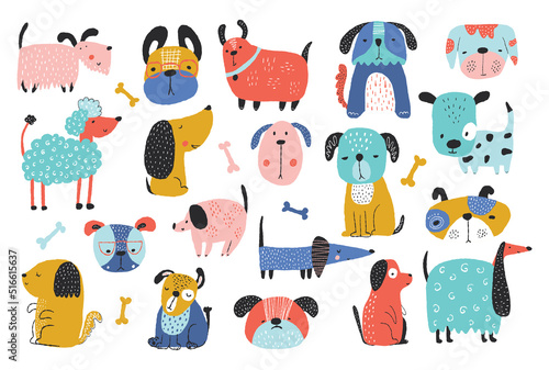 Collection of cute funny dogs. Set of different cartoon pets isolated on white background. Creative animal print dog for nursery, clothes, postcards. Colorful hand drawn vector illustration.
