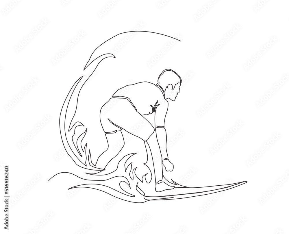 Continuous line of surfing in the sea. Surfer and wave hand drawn minimalism style.