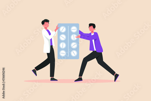Doctor giving pills to male patient in hospital. Need a Doctor concept. Flat vector illustration isolated.