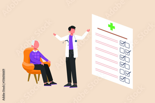 Doctor checks grandfather's health based on Hospital form. Need a Doctor concept. Flat vector illustration isolated.
