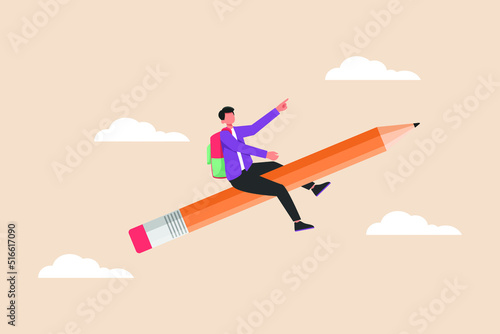 Boy student riding a pencil rocket. Back to school concept. Colored flat graphic vector illustration isolated.