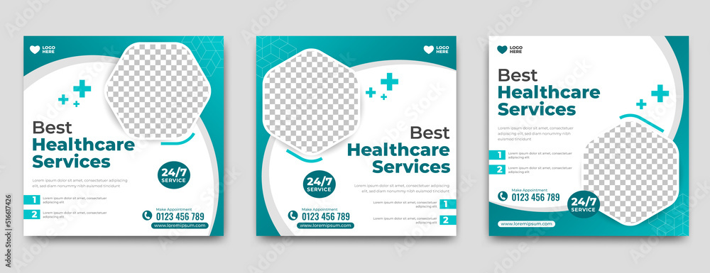 Medical health care services promotion square banner template collection. Usable for social media post, and web internet ads. Medical health care services promotion square banner template collection. Usable for social media post, and web internet ads.