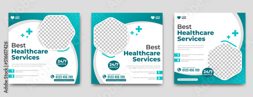 Medical health care services promotion square banner template collection. Usable for social media post, and web internet ads.