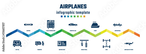 airplanes concept infographic design template. included damper, tuc tuc, flight information, touristic, sportive car, driving pass, ferry, brake pedal, convertible, airplane of paper sheet icons.