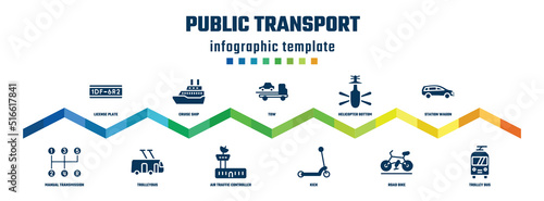 public transport concept infographic design template. included license plate, manual transmission, cruise ship, trolleybus, tow, air traffic controller, helicopter bottom view, kick, station wagon,