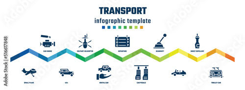 transport concept infographic design template. included car engine, small plane, military helicopter bottom view, 4x4, departure, rental car, gearshift, car pedals, insect repellent, trolley icons.