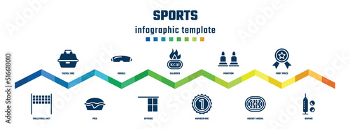 sports concept infographic design template. included tackle box, volleyball net, goggle, pies, calories, offside, munition, number one, first prize, doping icons.