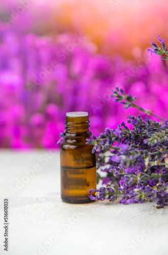 Essential oil with lavender extract. Selective focus.