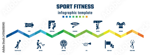 sport fitness concept infographic design template. included stem, team player, abseiling, batter, canoeing, zorbing, rappel, ets, armour, yoga pose icons.