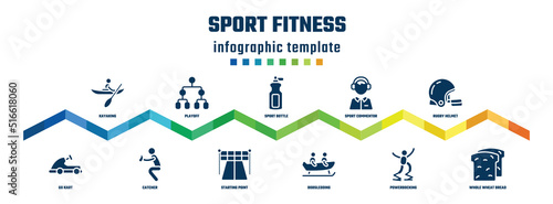 sport fitness concept infographic design template. included kayaking, go kart, playoff, catcher, sport bottle, starting point, sport commentor, bobsledding, rugby helmet, whole wheat bread icons.