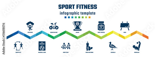 sport fitness concept infographic design template. included skydiving, substitute, mountain bike, baseball card, champ, home team, whey protein, food and drink, buck, muscular icons.