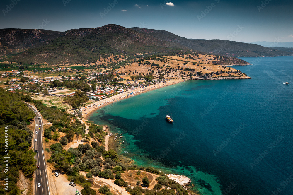 Ozdere Beach drone view in Izmir Province of Turkey