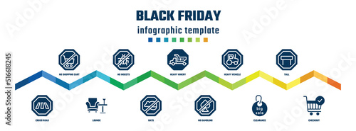 black friday concept infographic design template. included no shopping cart, cross road, no insects, lounge, heavy hinery, rats, heavy vehicle, no gambling, tall, checkout icons.