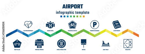 airport concept infographic design template. included electrocardiogram inside heart, keep in lane, square hotel, portable printer, ecological bicycle transport, wheel vehicle part, parking