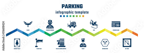 parking concept infographic design template. included hawk, women toilet, parking worker, plain flag, ney, fuel oil bomb service, slip, valet, parking card, no turn icons.