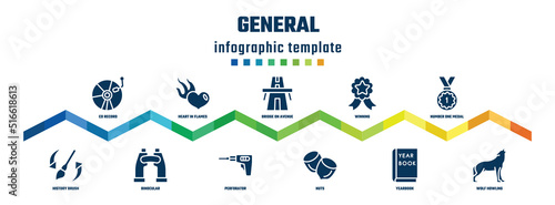 general concept infographic design template. included cd record, history brush, heart in flames, binocular, bridge on avenue perspective, perforator, winning, nuts, number one medal, wolf howling