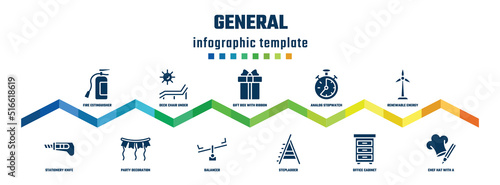 general concept infographic design template. included fire estinguisher, stationery knife, deck chair under the sun, party decoration, gift box with ribbon, balancer, analog stopwatch, stepladder,