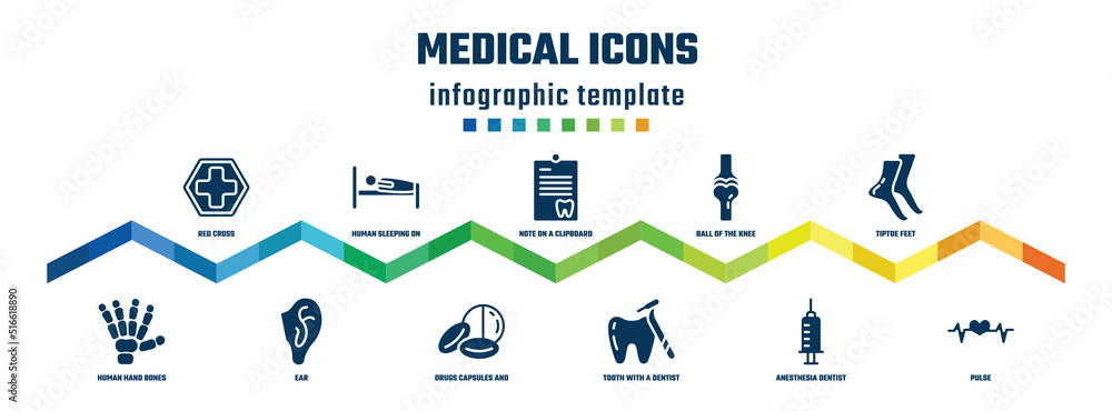 medical icons concept infographic design template. included red cross, human hand bones, human sleeping on bed, ear, note on a clipboard, drugs capsules and pills, ball of the knee, tooth with a medical icons concept infographic design template. included red cross, human hand bones, human sleeping on bed, ear, note on a clipboard, drugs capsules and pills, ball of the knee, tooth with a