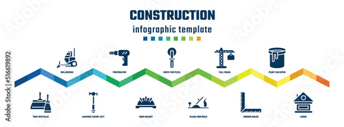 construction concept infographic design template. included bulldozing, two spatulas, perforator, hammer facinf left, knife for pizza, iron helmet, tall crain, plane controls, paint can open, lodge