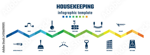 housekeeping concept infographic design template. included brace, cutter facing left, wrecking ball, dustpan, tubes hook, , mezzaluna, peeler, sealant, wet floor icons.