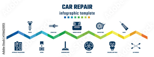car repair concept infographic design template. included screw, automatic transmission, spark plug, piston, wrench and nut, gardening rake, winter tires, radiation, caulk, lug wrench icons.