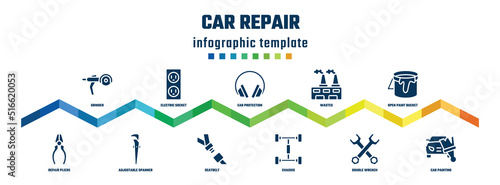 car repair concept infographic design template. included grinder, repair pliers, electric socket, adjustable spanner, ear protection, seatbelt, wastes, chassis, open paint bucket, car painting