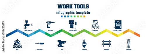 work tools concept infographic design template. included spray paint gun, kiln, hand drill, autoloader, electric meter, bidet, stepladder, plumb bob, electrical panel, tiremarks icons.