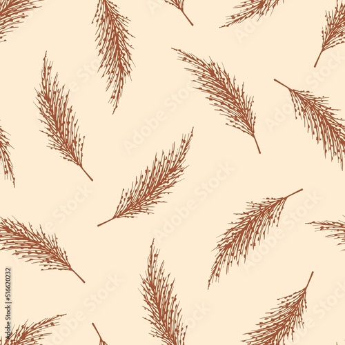 Hand drawn gentle calm simple floral vector seamless pattern in pastel colors. Brown inflorescences of panicles of pampas grass on a beige background. For print fabric, textile, boho decor.