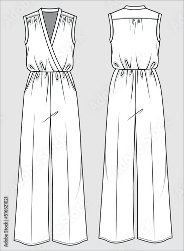 WOMEN SLEEVELESS JUMPSUIT WITH OVERLAP FRONT IN VECTOR FILE