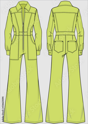 BOILERSUIT OR  JUMPSUIT WITH UTILITY DETAIL FOR WOMEN AND YOUNG WOMEN IN EDITABLE VECTOR FILE
