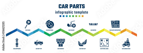 car parts concept infographic design template. included car crank, car suspension, disc brake, soft top, exhaust, manifold, bumper, mud flap, glove compartment, luggage rack icons.