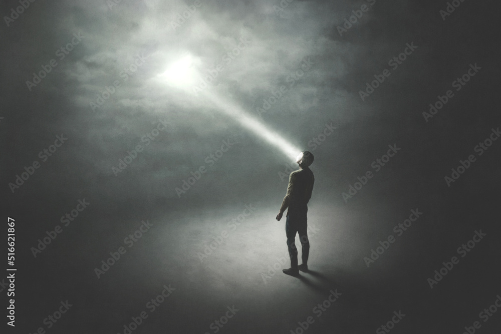 illustration of man illuminated by a beam of light from the sky, surreal abstract concept illustration of man illuminated by a beam of light from the sky, surreal abstract concept