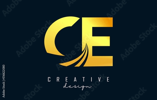 Creative golden letters CE c elogo with leading lines and road concept design. Letters with geometric design. photo