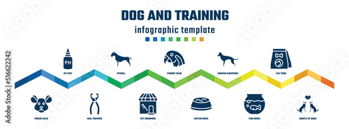dog and training concept infographic design template. included ph test, mouse head, pitbull, nail trimmer, parrot head, pet grooming, german shepherd, water bowl, cat food, couple of dogs icons.