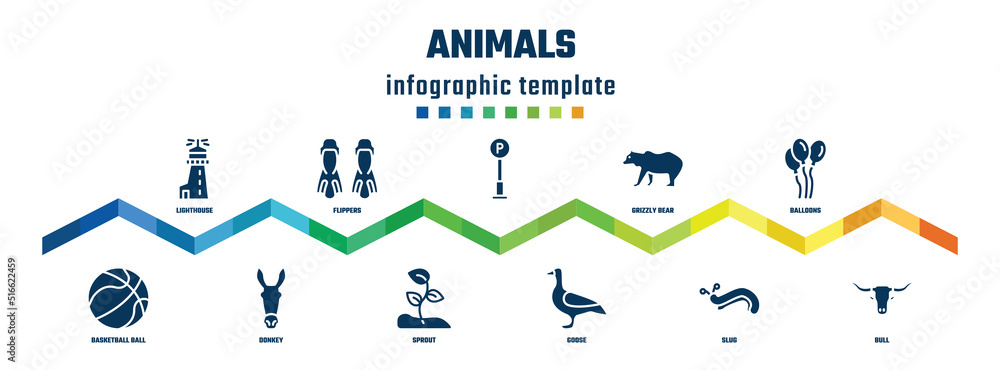 animals concept infographic design template. included lighthouse, basketball ball, flippers, donkey, , sprout, grizzly bear, goose, balloons, bull icons. animals concept infographic design template. included lighthouse, basketball ball, flippers, donkey, , sprout, grizzly bear, goose, balloons, bull icons.