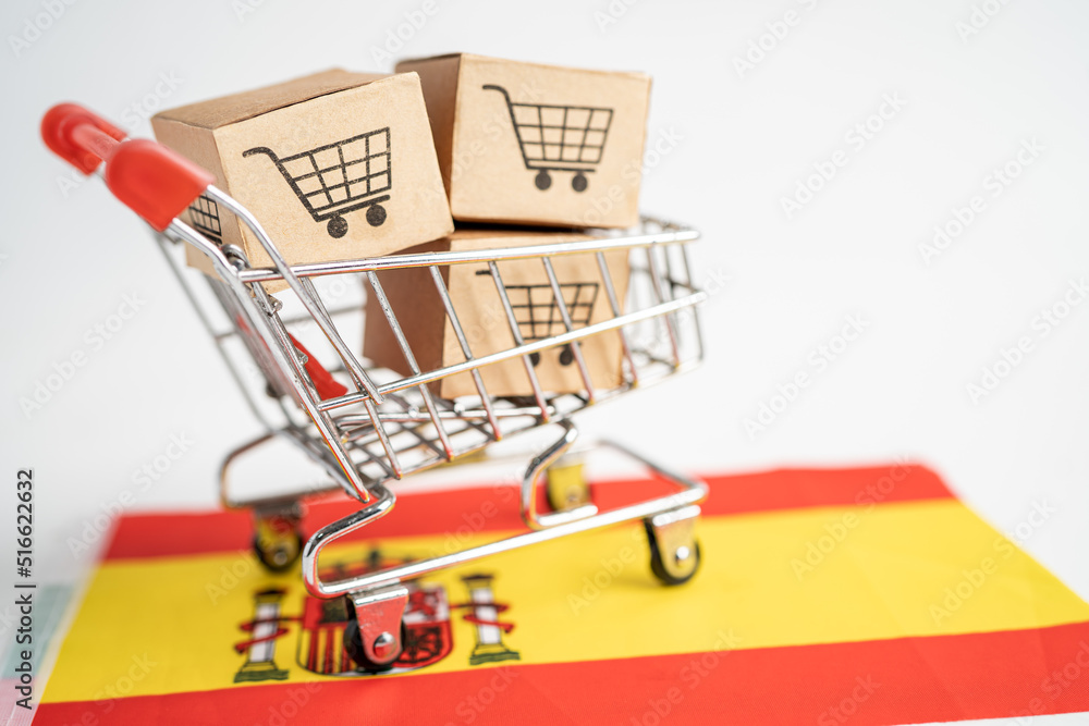 Box with shopping cart logo and Spain flag, Import Export Shopping online or eCommerce finance delivery service store product shipping, trade, supplier concept.