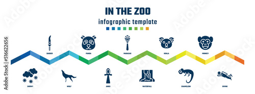 in the zoo concept infographic design template. included dagger, snowy, panda, wolf, maracas, ankh, koala, waterfall, monkey, diving icons.