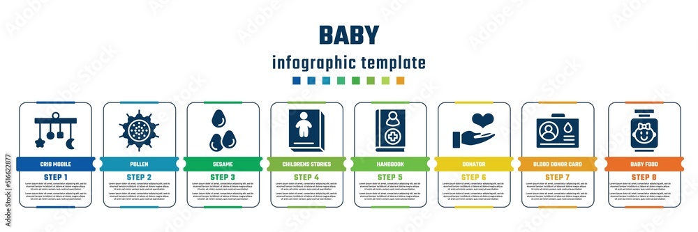baby concept infographic design template. included crib mobile, pollen, sesame, childrens stories, handbook, donator, blood donor card, baby food icons and 8 steps or options. baby concept infographic design template. included crib mobile, pollen, sesame, childrens stories, handbook, donator, blood donor card, baby food icons and 8 steps or options.