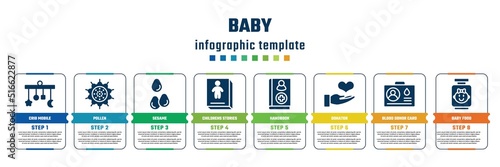 baby concept infographic design template. included crib mobile, pollen, sesame, childrens stories, handbook, donator, blood donor card, baby food icons and 8 steps or options.