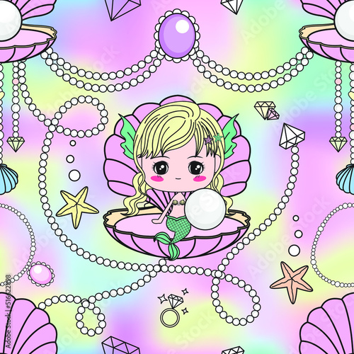 Seamless Pattern Cute Mermaid Underwater.