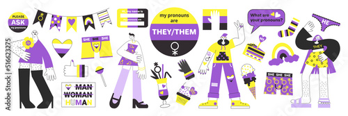 Nonbinary symbols, flags and people vector illustration set. Genderqueer person rights lgbtq+. Elements for pride stickers.