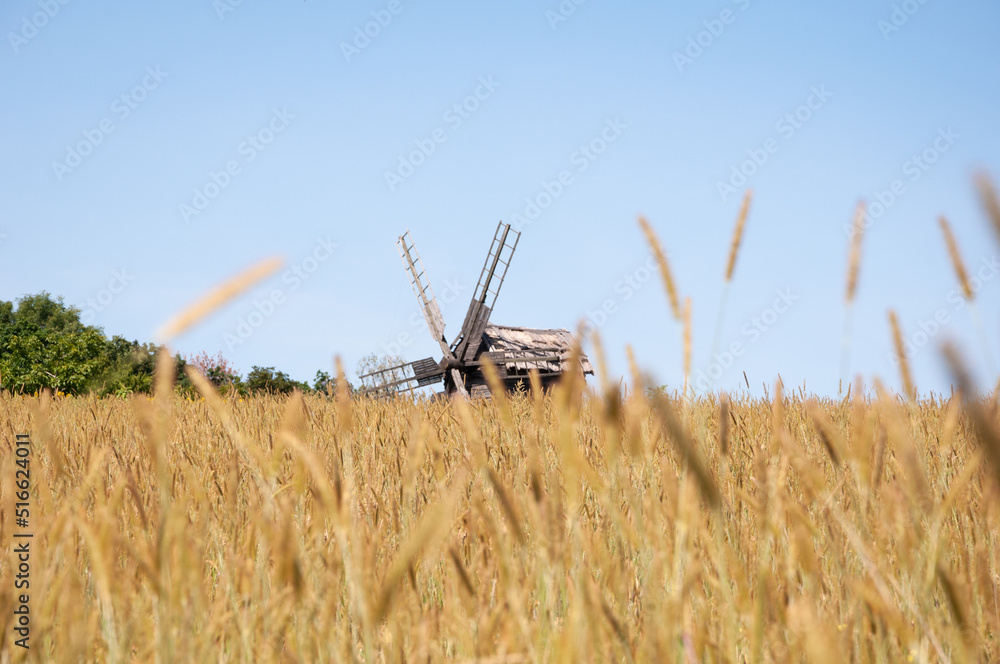 Fototapeta premium Authentic ukrainian windmill on grass field countryside landscape
