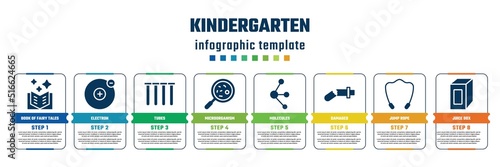 kindergarten concept infographic design template. included book of fairy tales, electron, tubes, microorganism, molecules, damaged, jump rope, juice box icons and 8 steps or options.