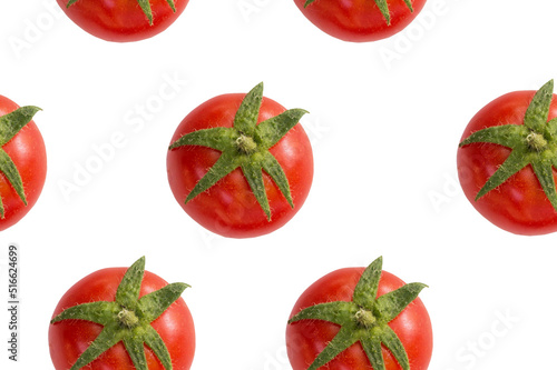 seamless photo of a red tomato on a white background. design of tablecloths, napkins, product packaging, design of banners, posters, advertising for supermarkets.