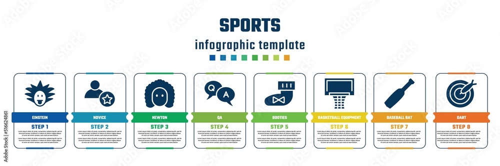 sports concept infographic design template. included einstein, novice, newton, qa, booties, basketball equipment, baseball bat, dart icons and 8 steps or options. sports concept infographic design template. included einstein, novice, newton, qa, booties, basketball equipment, baseball bat, dart icons and 8 steps or options.