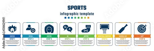 sports concept infographic design template. included einstein, novice, newton, qa, booties, basketball equipment, baseball bat, dart icons and 8 steps or options.