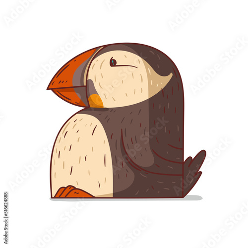 A Puffin, isolated vector illustration. Fratercula arctica. Cute cartoon picture of a puffin sitting. A funny bird sticker. Simple drawing of a seabird on white background. An Arctic animal.