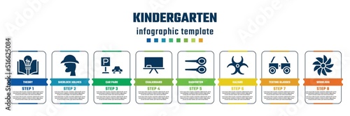 kindergarten concept infographic design template. included theory, sherlock holmes, car park, chalkboard, badminton, hazard, testing glasses, whirligig icons and 8 steps or options.