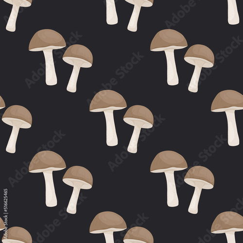 Vector Seamless Pattern with Birch Mushroom on Black. Seamless Texture, Hand Drawn Cartoon Birch Mushrooms. Design Template for Textile, Wallpaper, Print. Penny Bun Seamless Texture